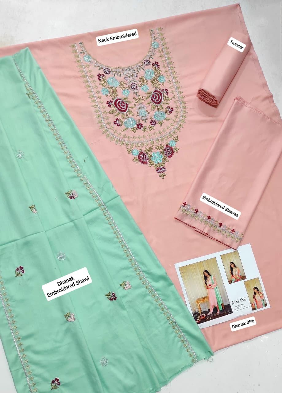 ASLING Embroidered Dhanak 3-Pc Suit