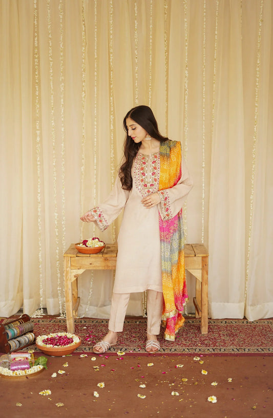 ASLING Embroidered Dhanak 3-Pc Suit
