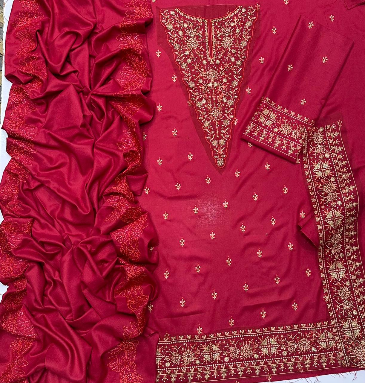 QALAMKAR Luxury Embroidered Dhanak 3-Pcs