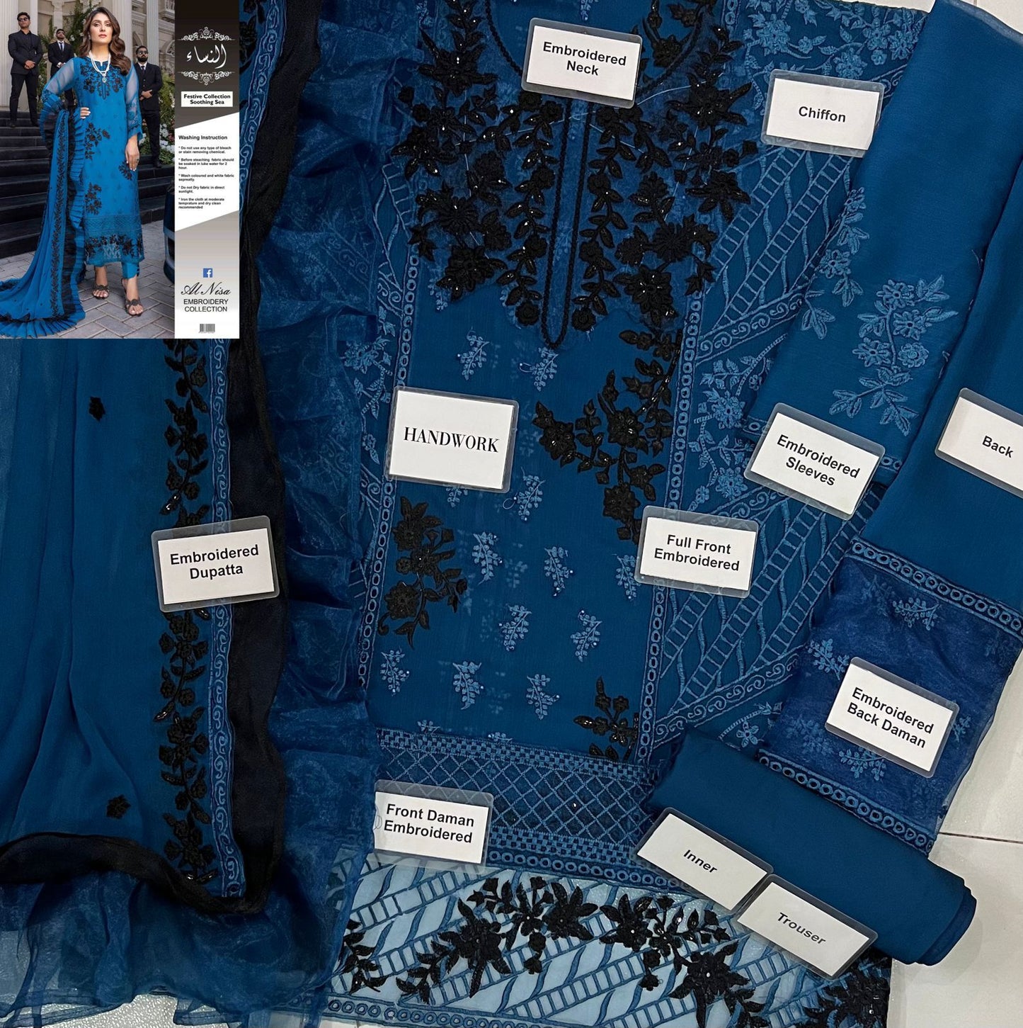 AZURE Chiffon Embroidered Luxury 3-Pc Suit
