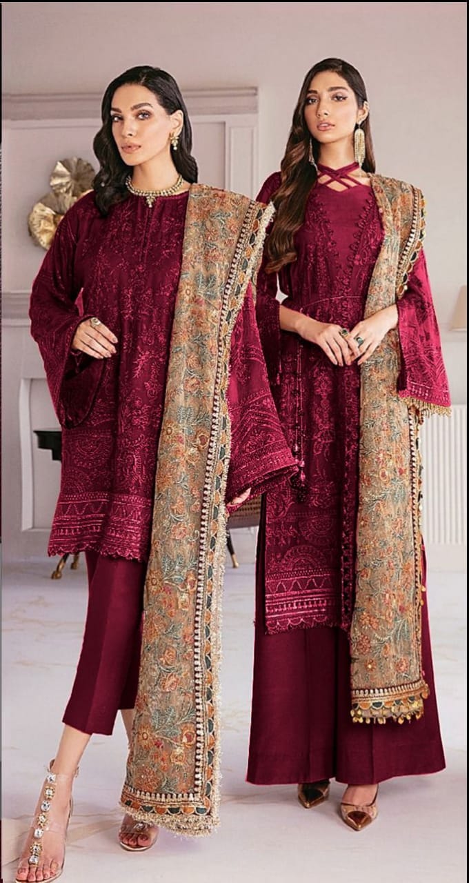 BAROQUE CHIFFON/NET 3-Pcs Suit