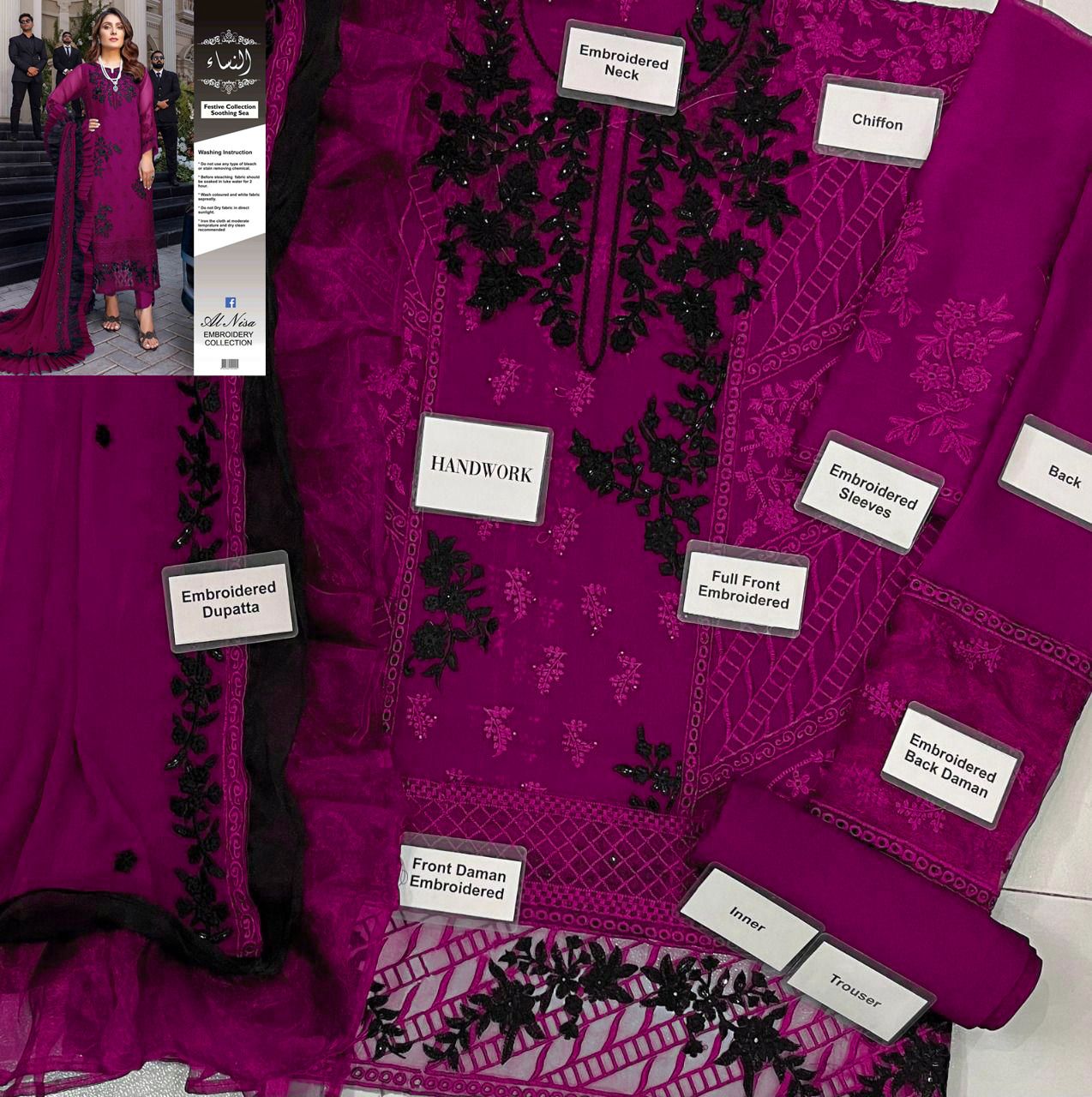 AZURE Chiffon Embroidered Luxury 3-Pc Suit