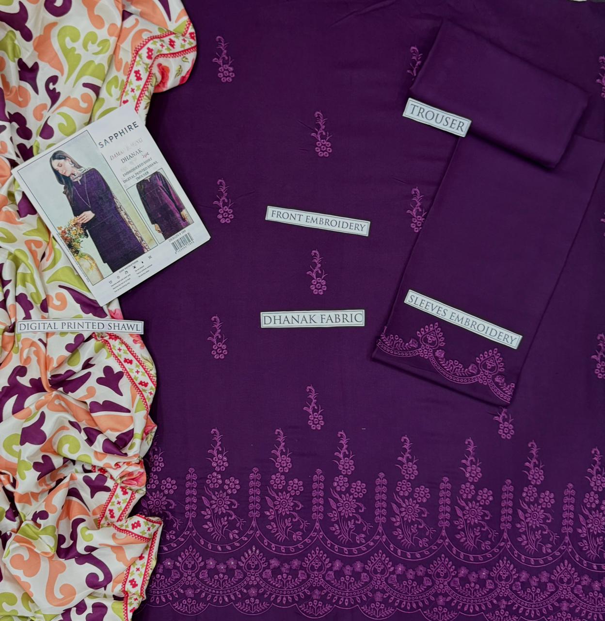 SAPPHIRE Embroidered Dhanak 3-Pc Suit