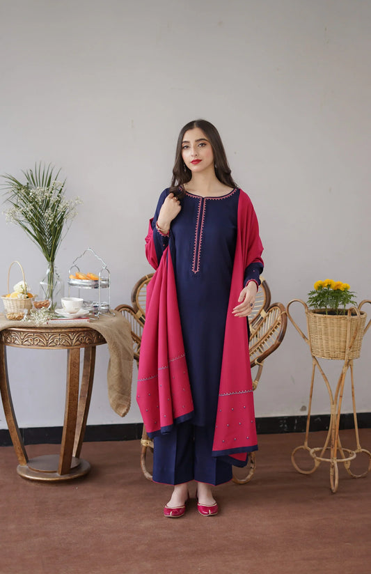 ASLING Embroidered Dhanak 3-Pc Suit