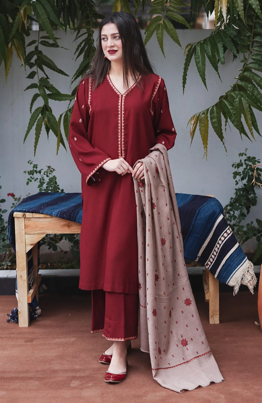 ASLING Embroidered Dhanak 3-Pc Suit