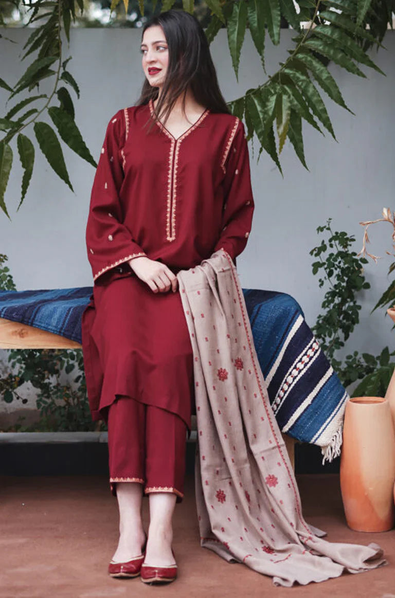 ASLING Embroidered Dhanak 3-Pc Suit