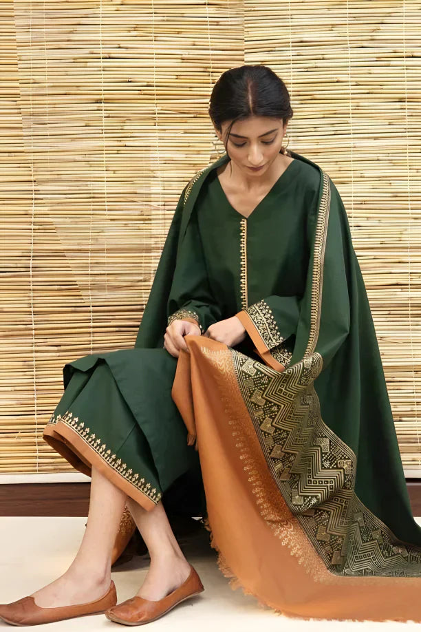 ASLING Embroidered Dhanak 3-Pc Suit