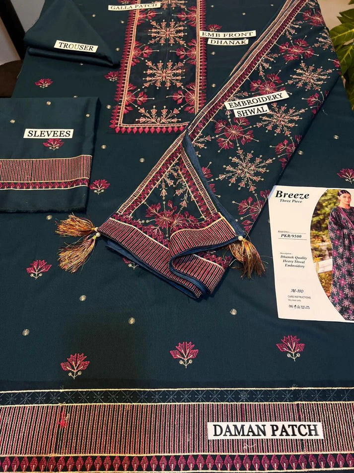 BREEZE Luxury Embroidered Dhanak 3-Pc Suit