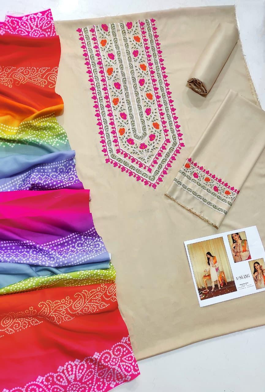 ASLING Embroidered Dhanak 3-Pc Suit