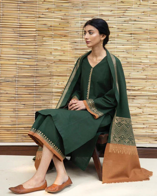 ASLING Embroidered Dhanak 3-Pc Suit